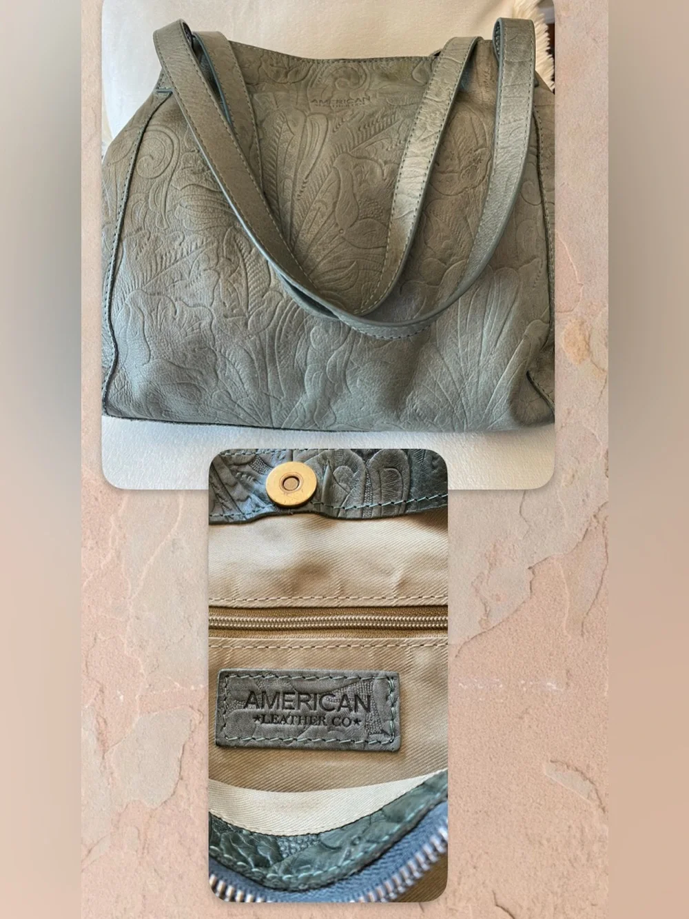 American Leather Co. Embossed Sage Green Leather Tote